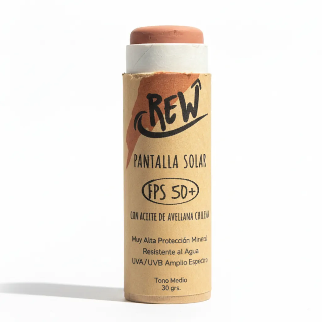 REW protector solar natural mineral con aceite de avellana chilena en envase sustentable de kraft biodegradable, libre de químicos, reef-safe para outdoor