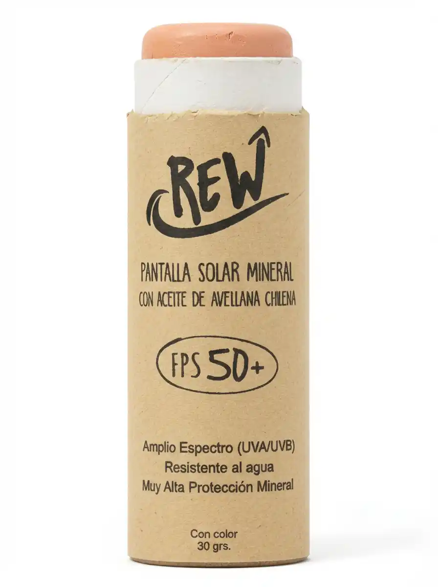 REW protector solar natural mineral con aceite de avellana chilena en envase sustentable de kraft biodegradable, libre de químicos, reef-safe para outdoor